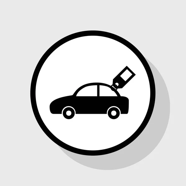 Autoschild mit Anhänger. Vektor. flaches schwarzes Symbol in weißem Kreis mit Schatten auf grauem Hintergrund. — Stockvektor