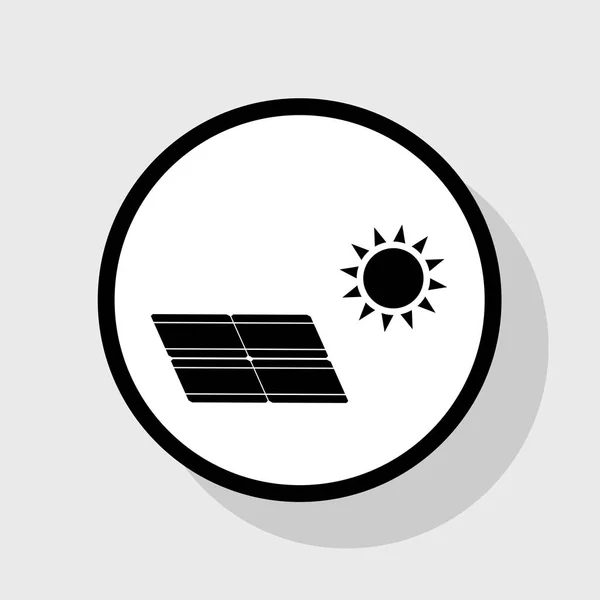 Painel de energia solar. Sinal de conceito Eco tendência. Vector. Ícone preto plano em círculo branco com sombra no fundo cinza . — Vetor de Stock