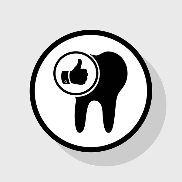 Zahnschild mit Daumen nach oben Symbol. Vektor. flaches schwarzes Symbol in weißem Kreis mit Schatten auf grauem Hintergrund. — Stockvektor