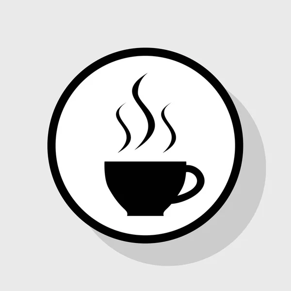Cup sign with three small streams of smoke. Vector. Flat black icon in white circle with shadow at gray background. — Stock Vector