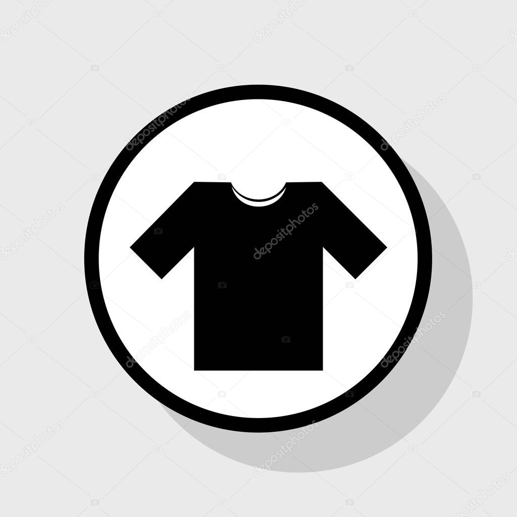 T-shirt sign illustration. Vector. Flat black icon in white circle with shadow at gray background.