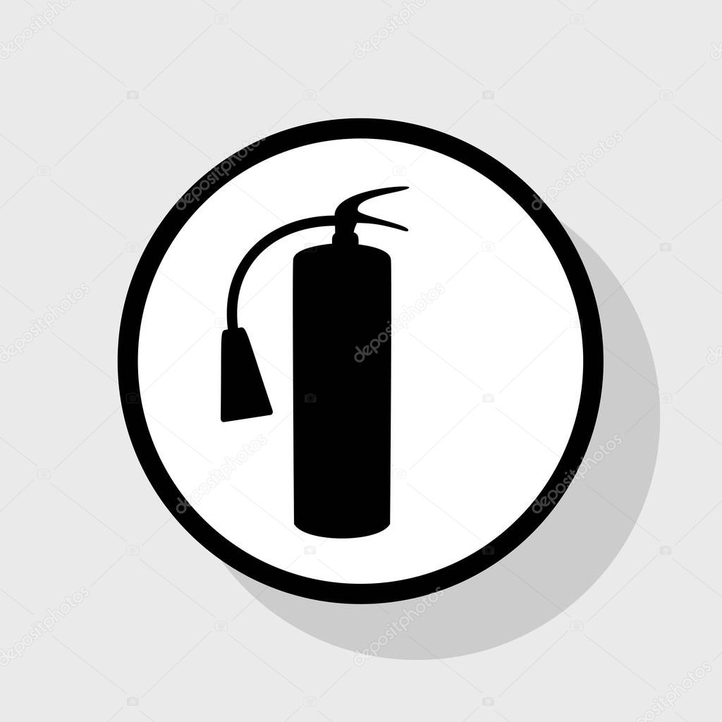 Fire extinguisher sign. Vector. Flat black icon in white circle with shadow at gray background.