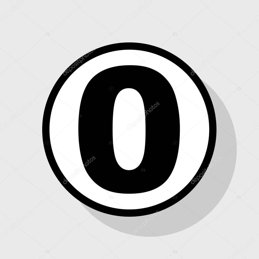 Number 0 sign design template element. Vector. Flat black icon in white circle with shadow at gray background.