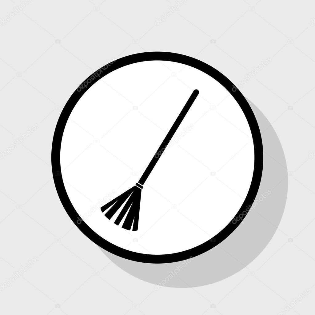 Sweeping broom sign. Vector. Flat black icon in white circle with shadow at gray background.