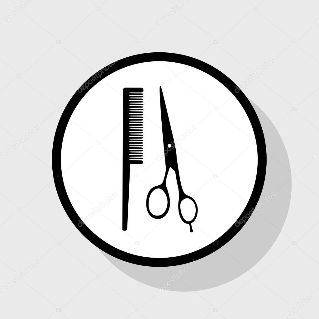 Barber shop sign. Vector. Flat black icon in white circle with shadow at gray background.
