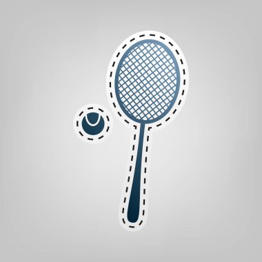Tenis raket işareti. Vektör. Gri arka plan, kesmek için anahat ile mavi kutsal kişilerin resmi.