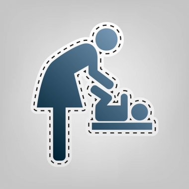 Kadın ve bebek, Bebek değiştirme simgesi. Vektör. Gri arka plan, kesmek için anahat ile mavi kutsal kişilerin resmi.