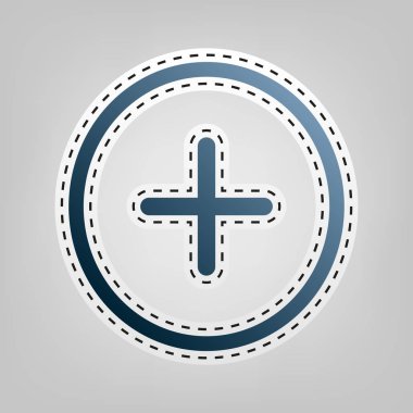 Pozitif sembol artı işareti. Vektör. Gri arka plan, kesmek için anahat ile mavi kutsal kişilerin resmi.