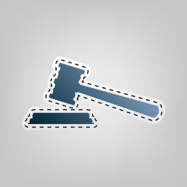 Adalet çekiç işareti. Vektör. Gri arka plan, kesmek için anahat ile mavi kutsal kişilerin resmi.