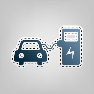 Elektrikli Araba pil şarj işaret. Vektör. Gri arka plan, kesmek için anahat ile mavi kutsal kişilerin resmi.