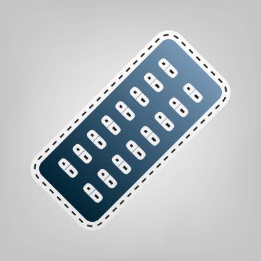 Tıbbi hapları işareti. Vektör. Gri arka plan, kesmek için anahat ile mavi kutsal kişilerin resmi.