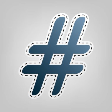 Hashtag işareti illüstrasyon. Vektör. Gri arka plan, kesmek için anahat ile mavi kutsal kişilerin resmi.