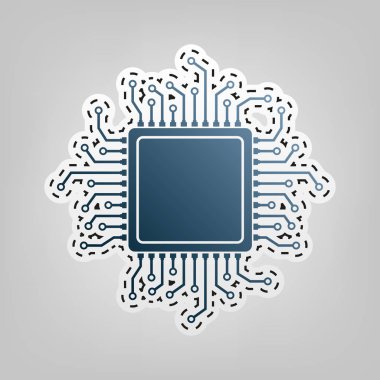 CPU mikroişlemci illüstrasyon. Vektör. Gri arka plan, kesmek için anahat ile mavi kutsal kişilerin resmi.