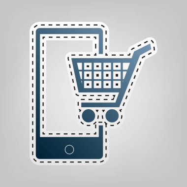 Akıllı telefon tabelada alışveriş. Vektör. Gri arka plan, kesmek için anahat ile mavi kutsal kişilerin resmi.