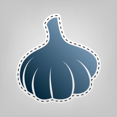 Sarımsak basit kayıt. Vektör. Gri arka plan, kesmek için anahat ile mavi kutsal kişilerin resmi.