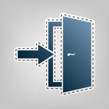 Çıkış işareti kapı. Vektör. Gri arka plan, kesmek için anahat ile mavi kutsal kişilerin resmi.