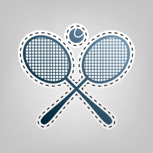 Tennisschläger-Schild. Vektor. blaues Symbol mit Umriss zum Ausschneiden auf grauem Hintergrund. — Stockvektor