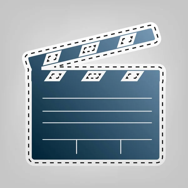 Film clap board bioscoop teken. Vector. Blauwe pictogram met schets voor snijden van bij grijze achtergrond. — Stockvector