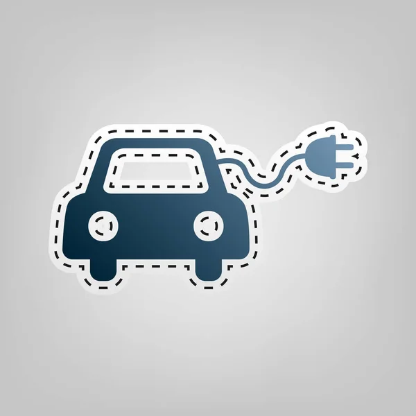 Signo de coche eléctrico ecológico. Vector. Icono azul con contorno para recortar en fondo gris . — Archivo Imágenes Vectoriales