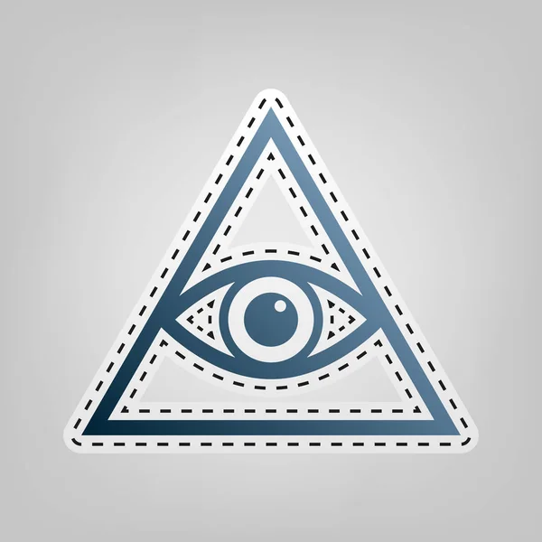 Todos viendo el símbolo de la pirámide ocular. Masón y espiritual. Vector. Icono azul con contorno para recortar en fondo gris . — Archivo Imágenes Vectoriales