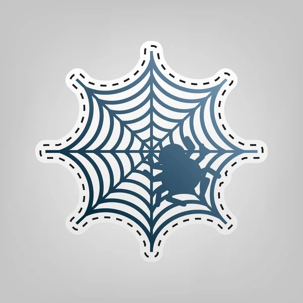 Spindel på web illustration. Vektor. Blå symbol med kontur för att skära ut på grå bakgrund. — Stock vektor
