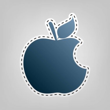 Elma işaret ısır. Vektör. Gri arka plan, kesmek için anahat ile mavi kutsal kişilerin resmi.