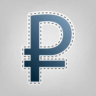 Rublesi işareti. Vektör. Gri arka plan, kesmek için anahat ile mavi kutsal kişilerin resmi.