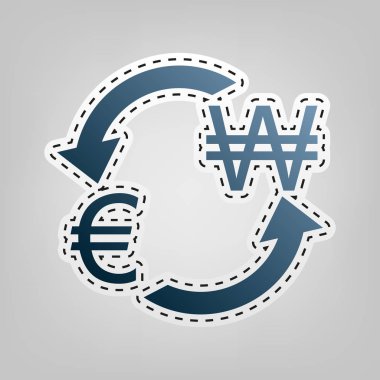 Döviz Alım Satım işareti. Avrupa ve Güney Kore Wonu. Vektör. Gri arka plan, kesmek için anahat ile mavi kutsal kişilerin resmi.