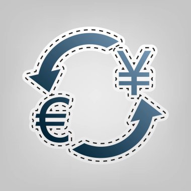Döviz Alım Satım işareti. Avrupa ve Japonya Yen. Vektör. Gri arka plan, kesmek için anahat ile mavi kutsal kişilerin resmi.