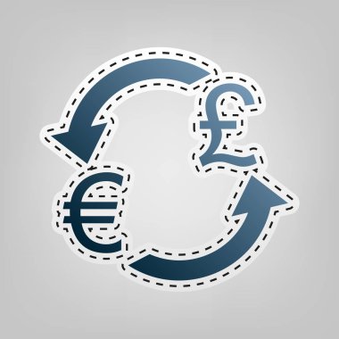 Döviz Alım Satım işareti. Euro ve İngiltere'de sterlin. Vektör. Gri arka plan, kesmek için anahat ile mavi kutsal kişilerin resmi.