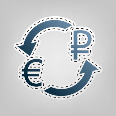 Döviz Alım Satım işareti. Euro ve Rusya Rublesi. Vektör. Gri arka plan, kesmek için anahat ile mavi kutsal kişilerin resmi.