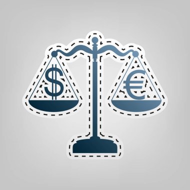 Adalet Döviz Alım Satım işaretiyle ölçekler. Vektör. Gri arka plan, kesmek için anahat ile mavi kutsal kişilerin resmi.