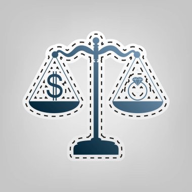 Kuyumcu ve ölçekler Doları sembolü halka. Vektör. Gri arka plan, kesmek için anahat ile mavi kutsal kişilerin resmi.