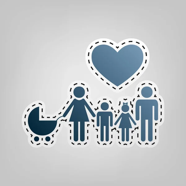Family sign with heart. Husband and wife are kept childrens hands. Vector. Blue icon with outline for cutting out at gray background. — Stock Vector