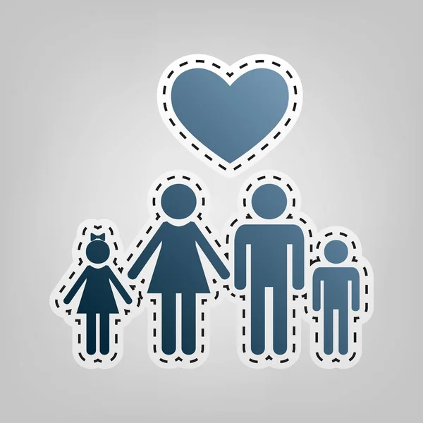 Rodinné symbol se srdcem. Manžel a manželka jsou udržovány dětské ruce. Láska. Vektor. Modrá ikona s obrysem pro vysekávání na šedém pozadí. — Stockový vektor