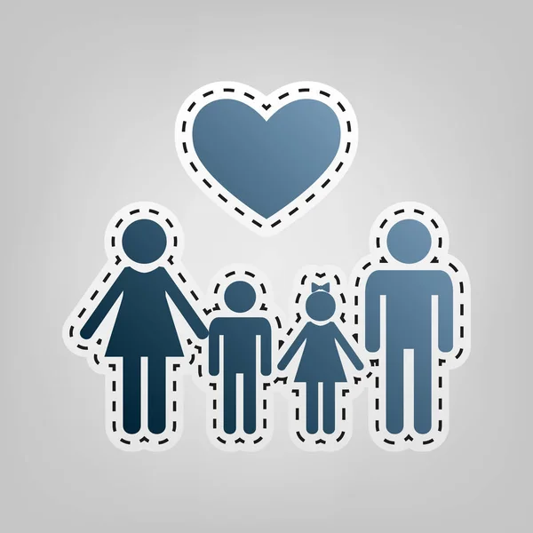 Símbolo familiar con corazón. El marido y la esposa se mantienen manos de niños. Vector. Icono azul con contorno para recortar en fondo gris . — Vector de stock