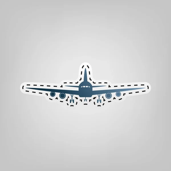Signo de avión volador. Vista frontal. Vector. Icono azul con contorno para recortar en fondo gris . — Vector de stock