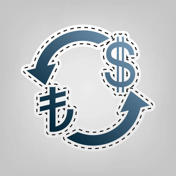 Teken een wisselkantoor. Turkije lire en de Amerikaanse Dollar. Vector. Blauwe pictogram met schets voor snijden van bij grijze achtergrond. — Stockvector