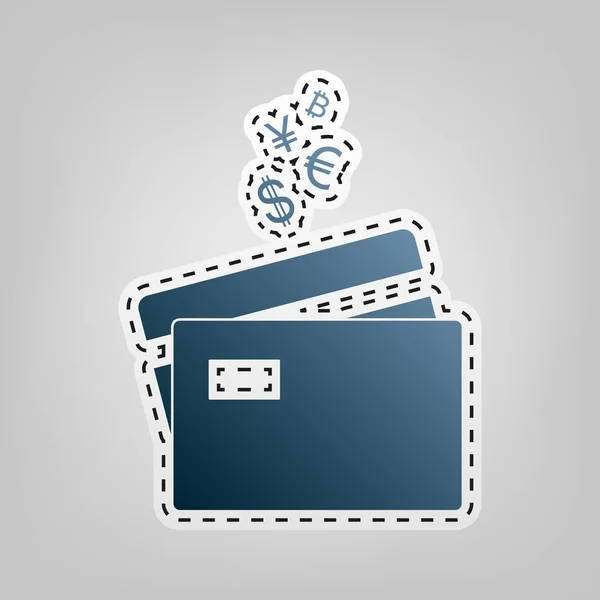 Signo de tarjetas de crédito con símbolos de moneda. Vector. Icono azul con contorno para recortar en fondo gris . — Vector de stock