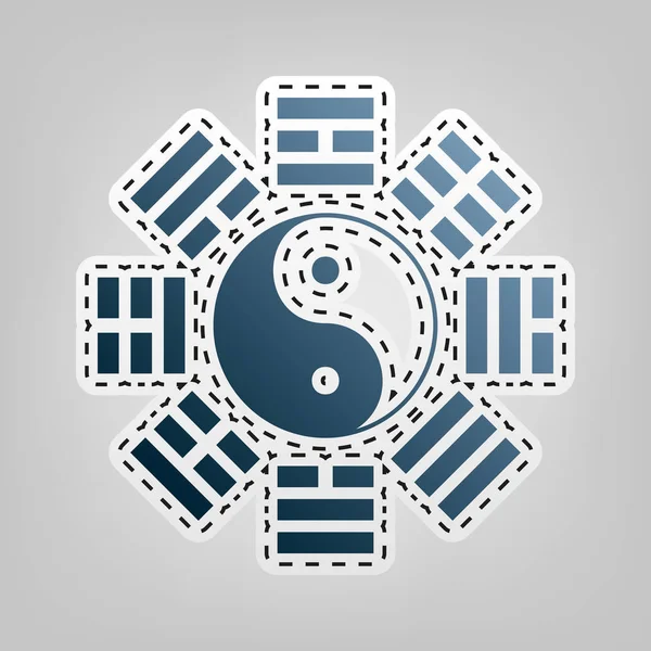 Yin e Yang firmano con l'accordo di Bagua. Vettore. Icona blu con contorno per ritaglio su sfondo grigio . — Vettoriale Stock
