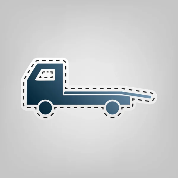 Service van evacuatie teken. Wrecking kant van de auto. Auto evacuator. Voertuig caravan. Vector. Blauwe pictogram met schets voor snijden van bij grijze achtergrond. — Stockvector