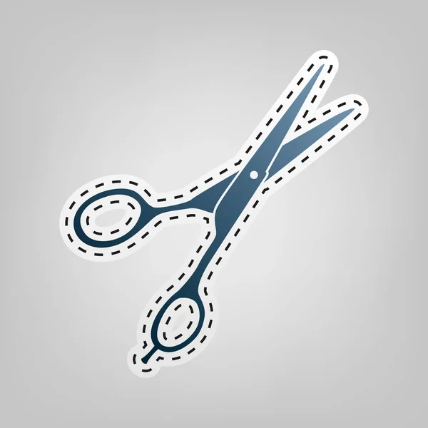 Señal de tijeras para cortar el pelo. Vector. Icono azul con contorno para recortar en fondo gris . — Vector de stock