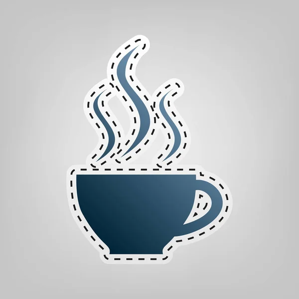 Cup sign with three small streams of smoke. Vector. Blue icon with outline for cutting out at gray background. — Stock Vector