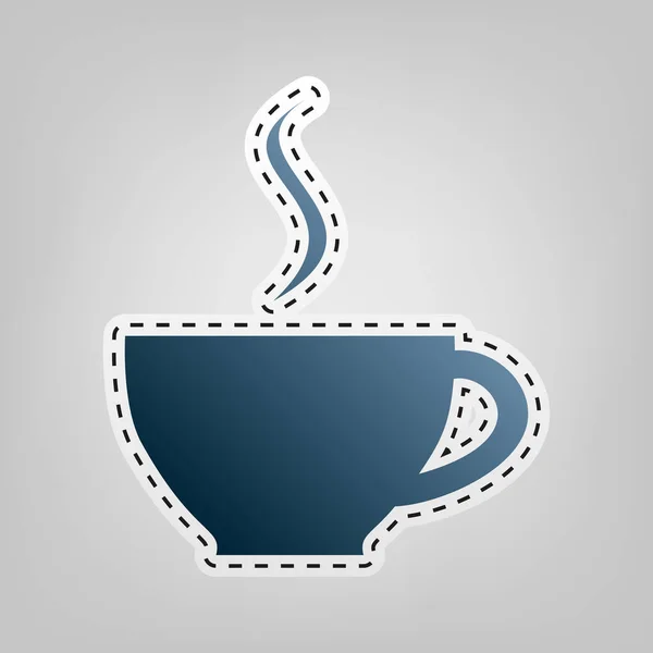 Cup sign with one small stream of smoke. Vector. Blue icon with outline for cutting out at gray background. — Stock Vector