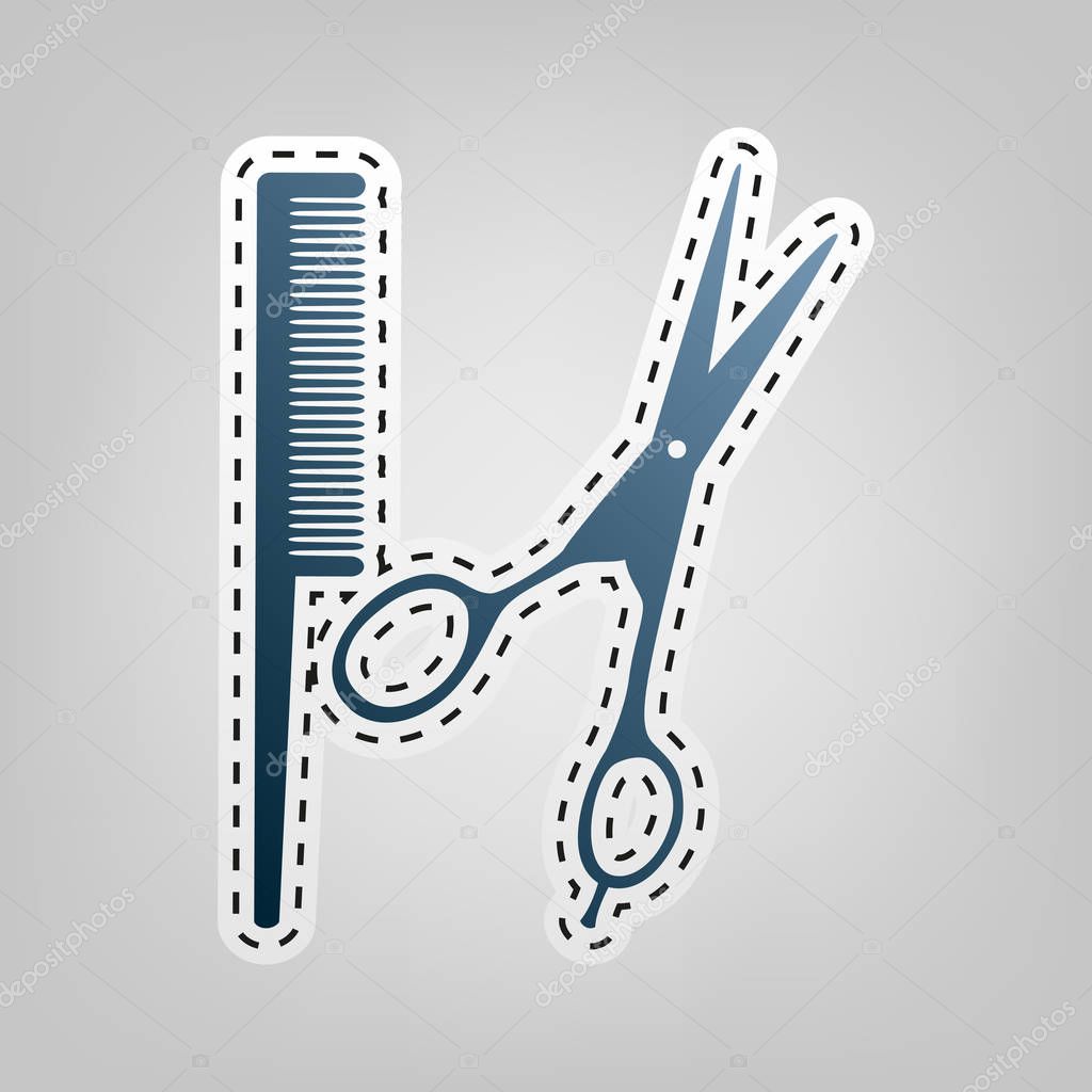 Barber shop sign. Vector. Blue icon with outline for cutting out at gray background.