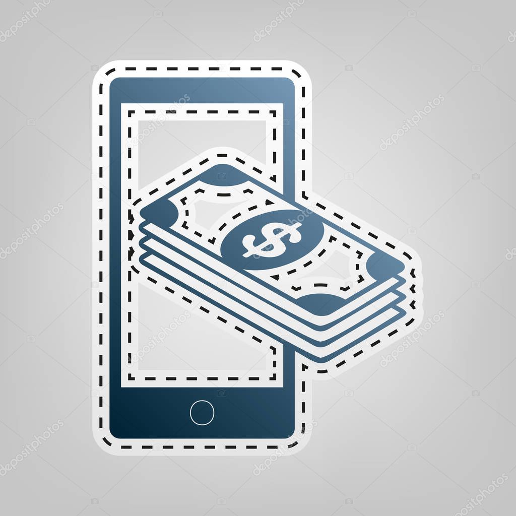 Payment, refill your mobile smart phone,. Vector. Blue icon with outline for cutting out at gray background.