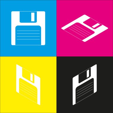 Disket işareti. Vektör. İzometrik projeksiyonlar siyan, macenta, sarı ve siyah arka plan üzerinde beyaz simgesi.