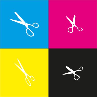 Makas illüstrasyon işareti. Vektör. İzometrik projeksiyonlar siyan, macenta, sarı ve siyah arka plan üzerinde beyaz simgesi.