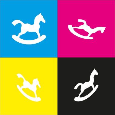 At oyuncak işareti. Vektör. İzometrik projeksiyonlar siyan, macenta, sarı ve siyah arka plan üzerinde beyaz simgesi.