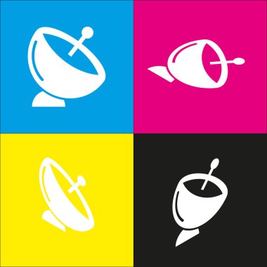 Uydu çanağı işareti. Vektör. İzometrik projeksiyonlar siyan, macenta, sarı ve siyah arka plan üzerinde beyaz simgesi.